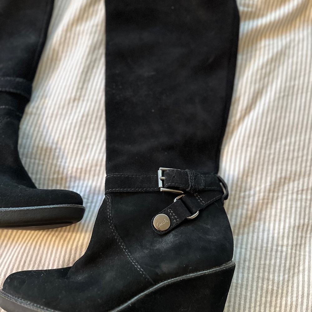 Authentic Coach black suede wedge boots, size 7